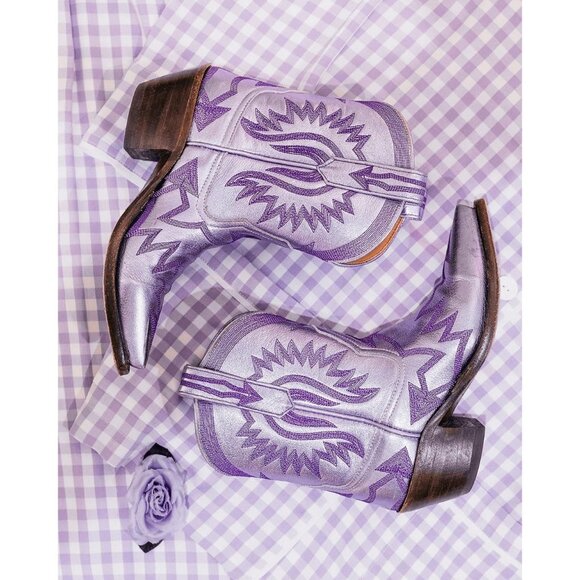 Women Metallic Embroidered Pointed Toe Cowgirl Boot Chunky Heel Pull-On Lavender - Picture 5 of 5